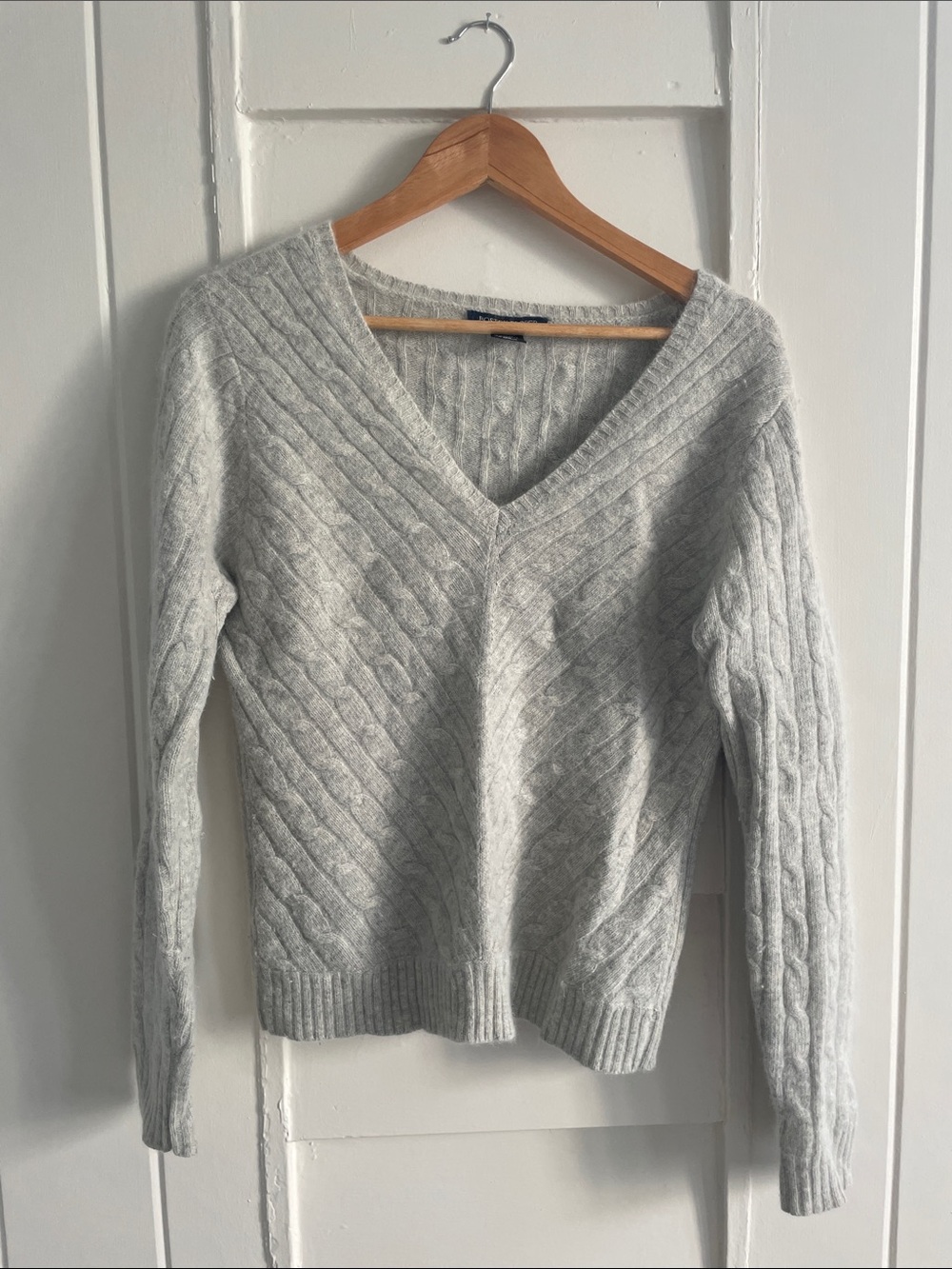 Boston Proper Light Gray V-Neck Cable Knit Sweater